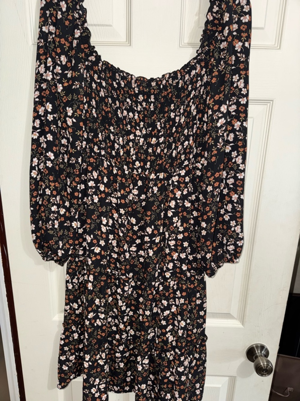 Black Floral Smocked Midi Dress